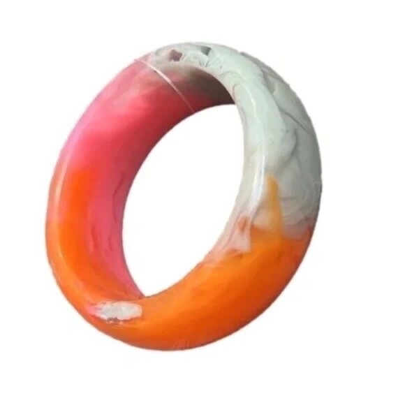 Blk & White Lucite Clamper Bracelet -Hinged Bracelet, Colorful End Of Day Lucite - Picture 9 of 16